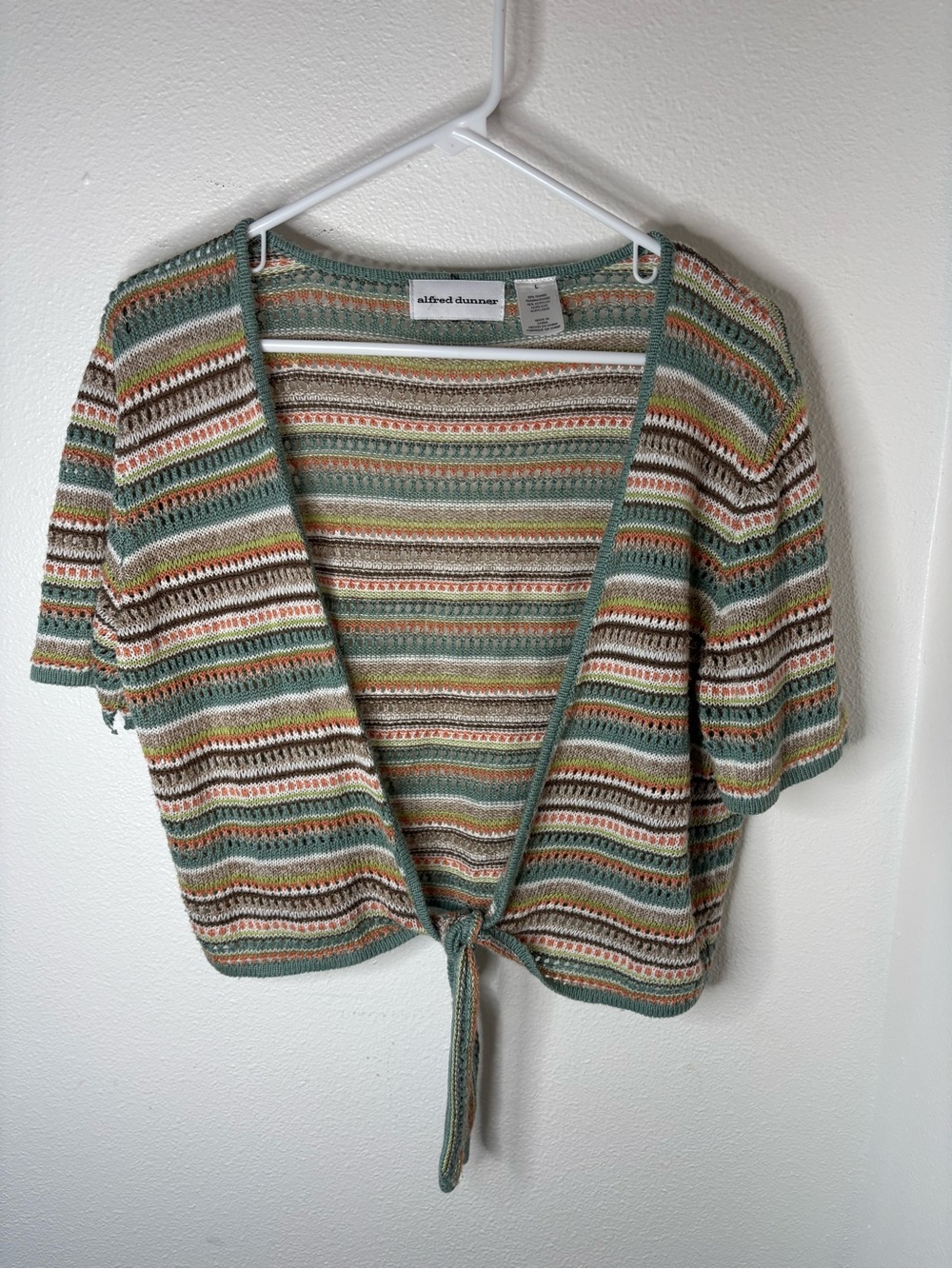 Alfred Dunner Green Multi-Stripe Knit Tie-Front Sweater - L